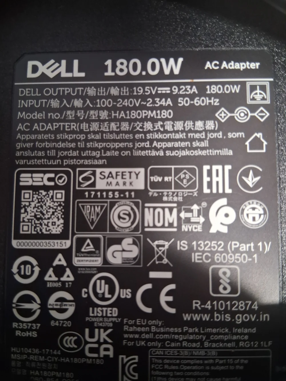 Dell 180W AC Adapter - Black Power Brick